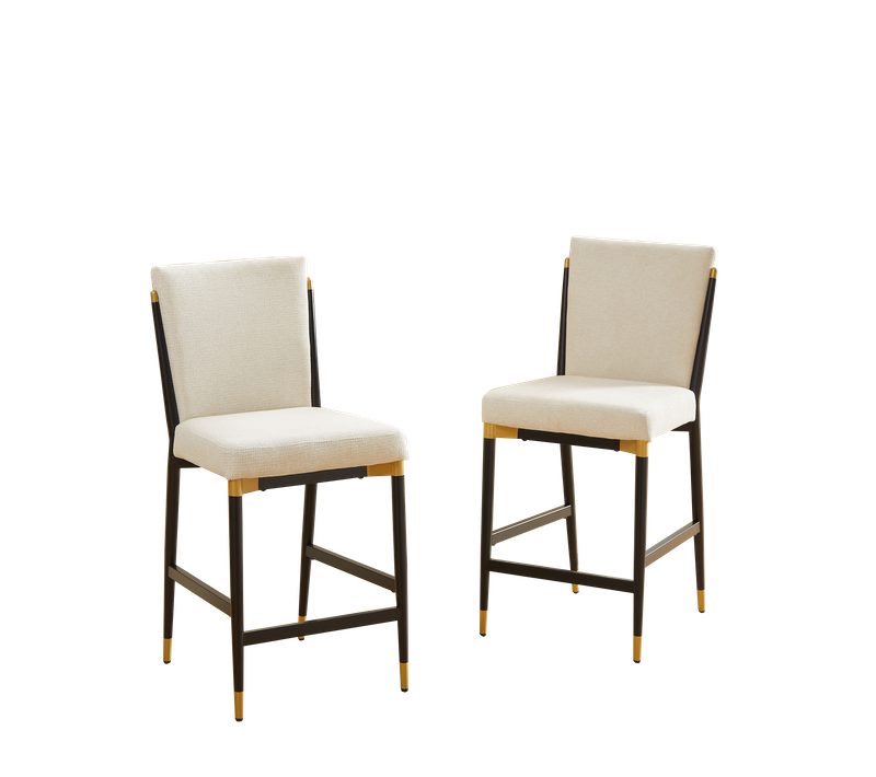 Lot De 2 Tabourets Bar Hauteur Comptoir 102cm Scandinave, Piètement Métal Noir/or, Tissu Crème