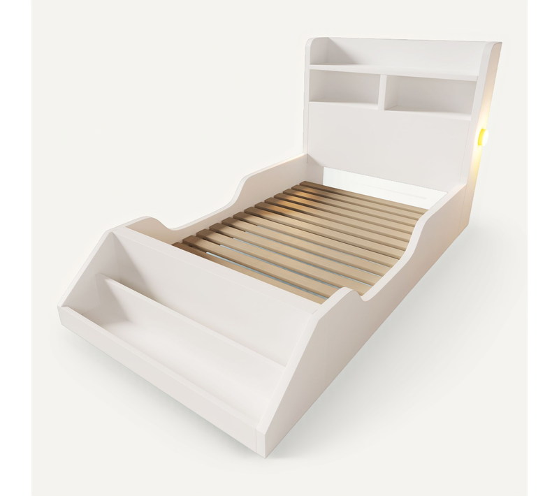 Lit Enfant 90x200 Cm Bois Blanc Avec Étagères, Lampes LED Et Sommier à Lattes