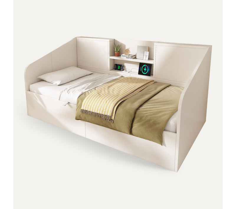 Lit Enfant Coffre 90x190 Cm Bois Blanc Avec Ports USB/type-c Et Sommier à Lattes