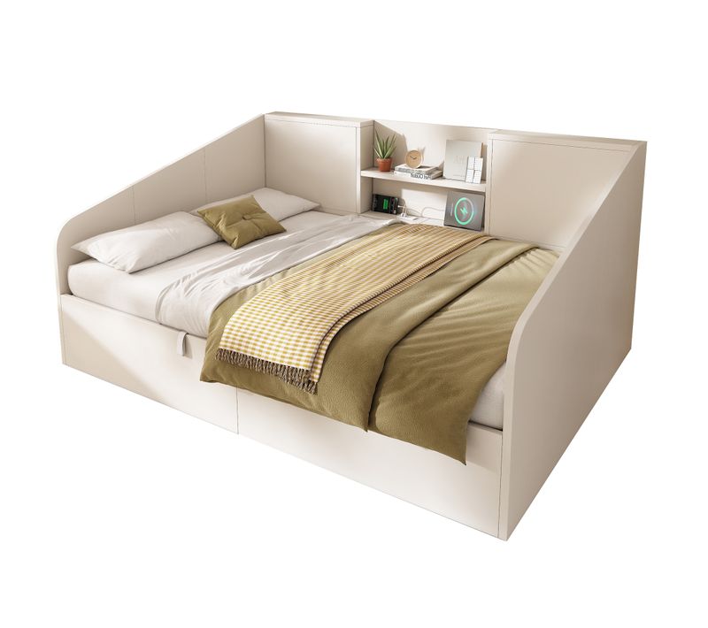 Lit Coffre 140x190 Cm 2 Places Bois Blanc Avec Rangements, Ports USB/type-c Et Sommier à Lattes