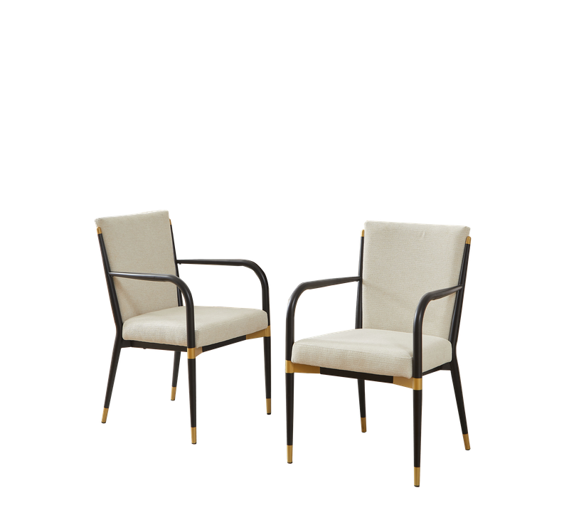 Lot De 2 Chaises à Accoudoirs Style Scandinave Cadre Noir Et Accents Dorés, Assise Beige
