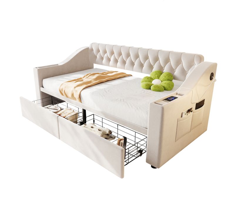 Lit Enfant 90x190 Cm Avec Ports USB/type-c, 2 Tiroirs, Tissu Velours Beige