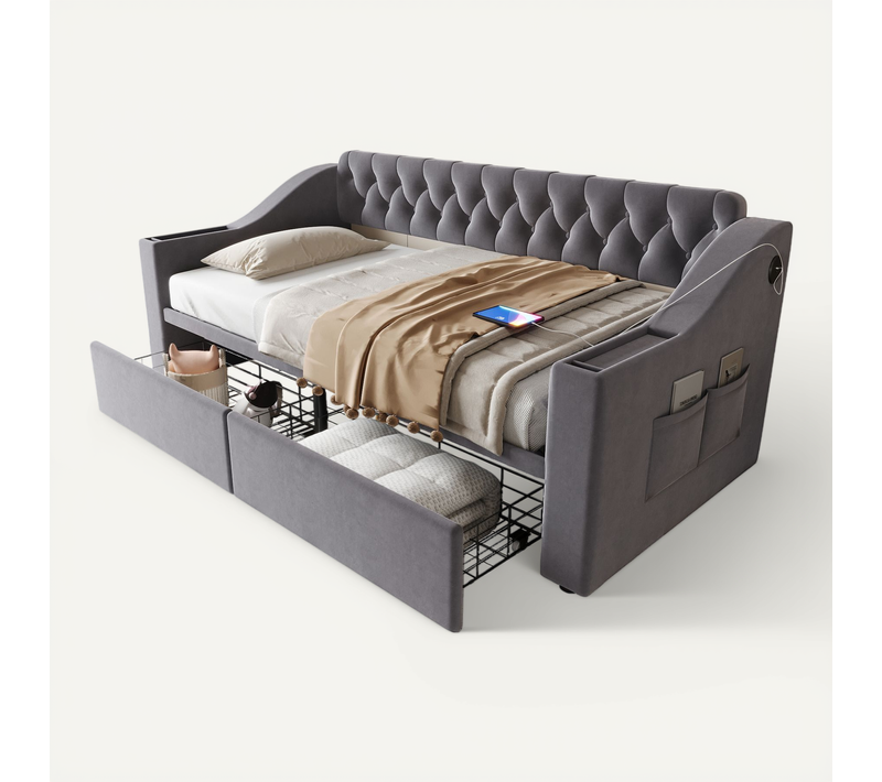 Lit Enfant 90x190 Cm Avec 2 Tiroirs, Ports USB/type-c, Velours Gris