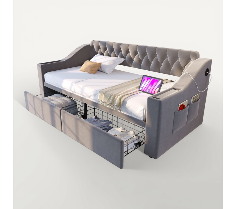 Lit Enfant 90x190 Cm Avec Ports USB/type-c, 2 Tiroirs, Velours Gris Clair