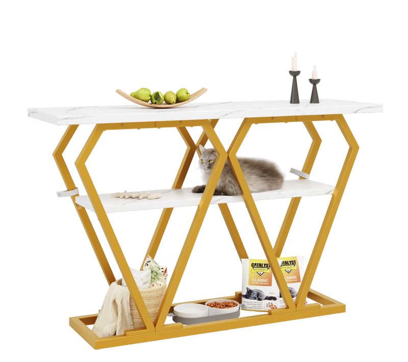 Console, Table D'entrée 120x29,5x80 Cm En Métal Doré Et Plateau Blanc Effet Marbre