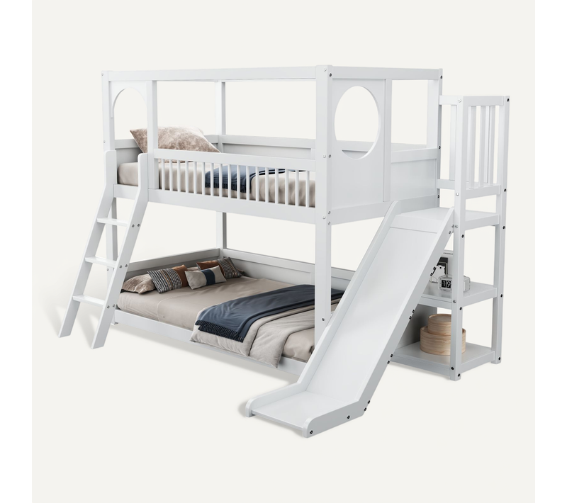 Lit Superposé Enfant 90x200 Cm Avec Toboggan, Étagères Et Rangements, Bois De Pin Blanc