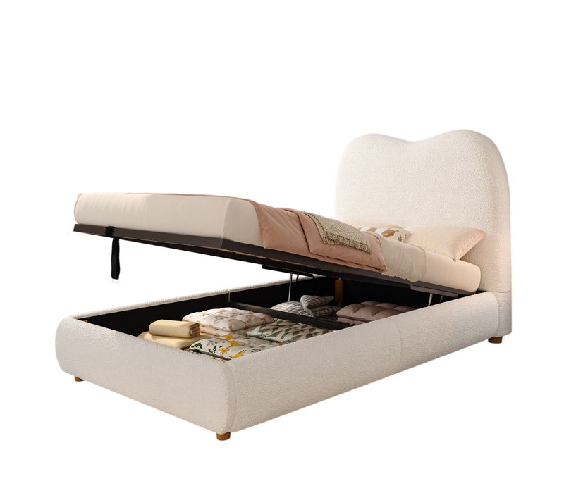 Lit Enfant 90x200 Cm Avec Coffre Rangement, Tête De Lit, Tissu Bouclé Beige, Sommier à Lattes