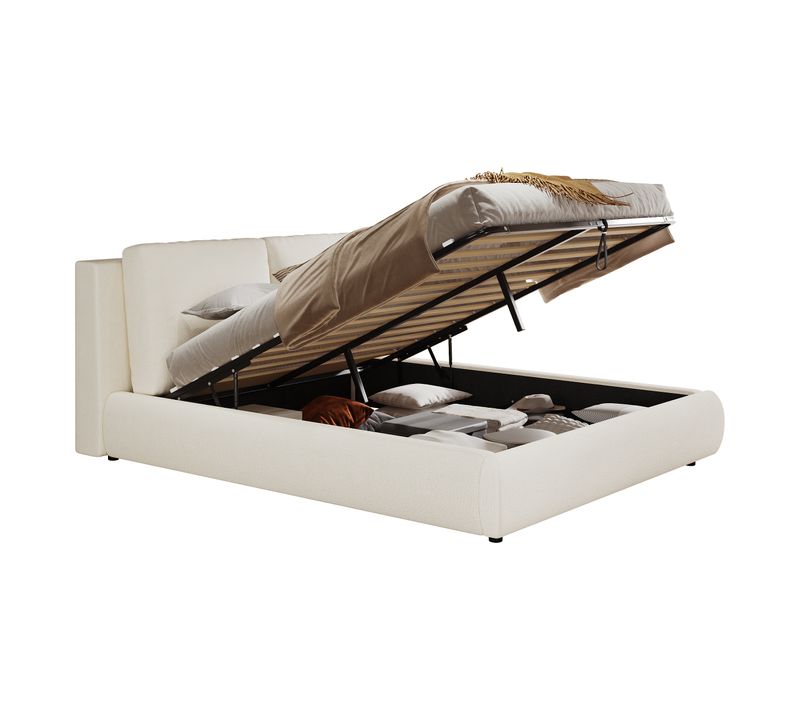 Lit Coffre 180x200 Cm 2 Places, Rangement, Tissu Bouclé Beige, Tête Doux Et Sommier à Lattes