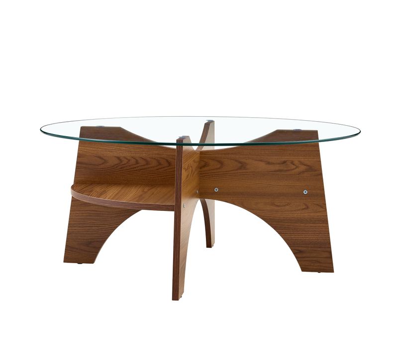 Table Basse Ronde Salon 80x36 Cm, Plateau Verre Trempé, Pieds Effet Bois Noyer