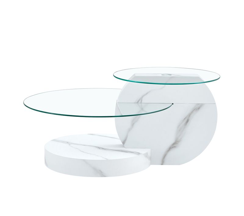 Table Basse Ronde Salon 50cm + 70cm Effet Marbre Blanc Avec 2 Plateaux En Verre Trempé