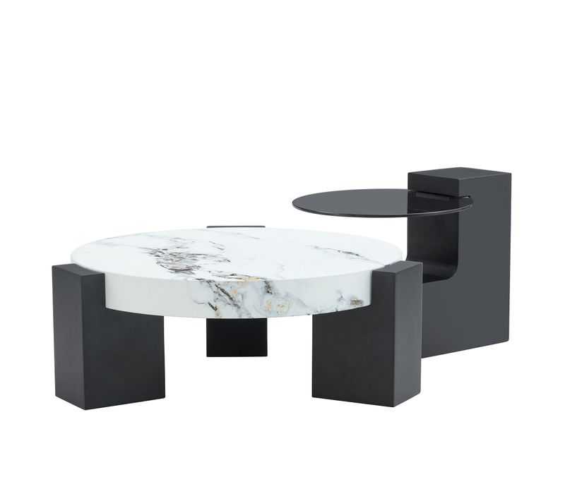 Table Basse Ronde 2 Pièces Salon Ø61×h30 Cm Blanc Et Noir, Plateau Effet Marbre