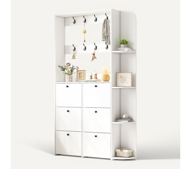 Vestiaire, Armoire D'entrée Blanc H.200 Cm, Meuble à Chaussures 6 Abattants, 8 Crochets Et Étagères