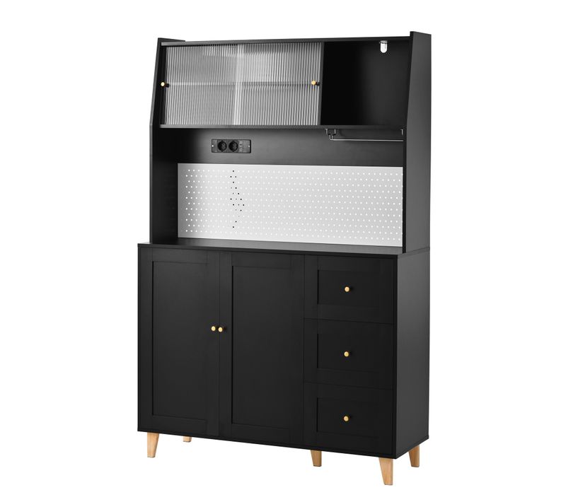 Buffet De Cuisine Haut 184 Cm Noir Avec Ports De Charge, 3 Tiroirs, Armoire Et 2 Portes Coulissantes