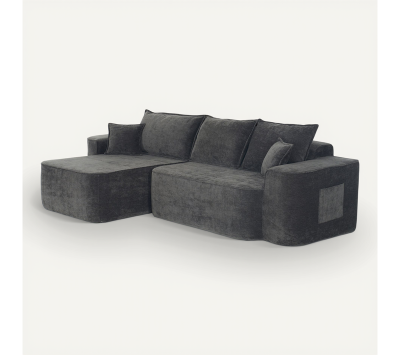 Canapé D’angle 3 Places Modulable En Chenille Noire 262 Cm, Assise Profonde