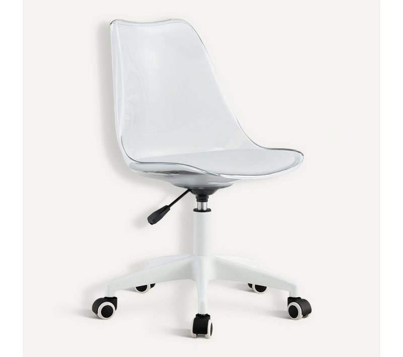Chaise De Bureau Réglable Pivotante Transparent Et Blanc, Métal, Assise En Pu, Avec Roulettes