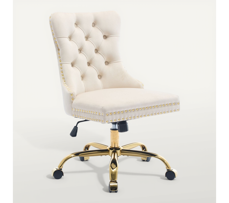 Chaise De Bureau Réglable Et Pivotante Velours Beige Avec Base Métal Doré