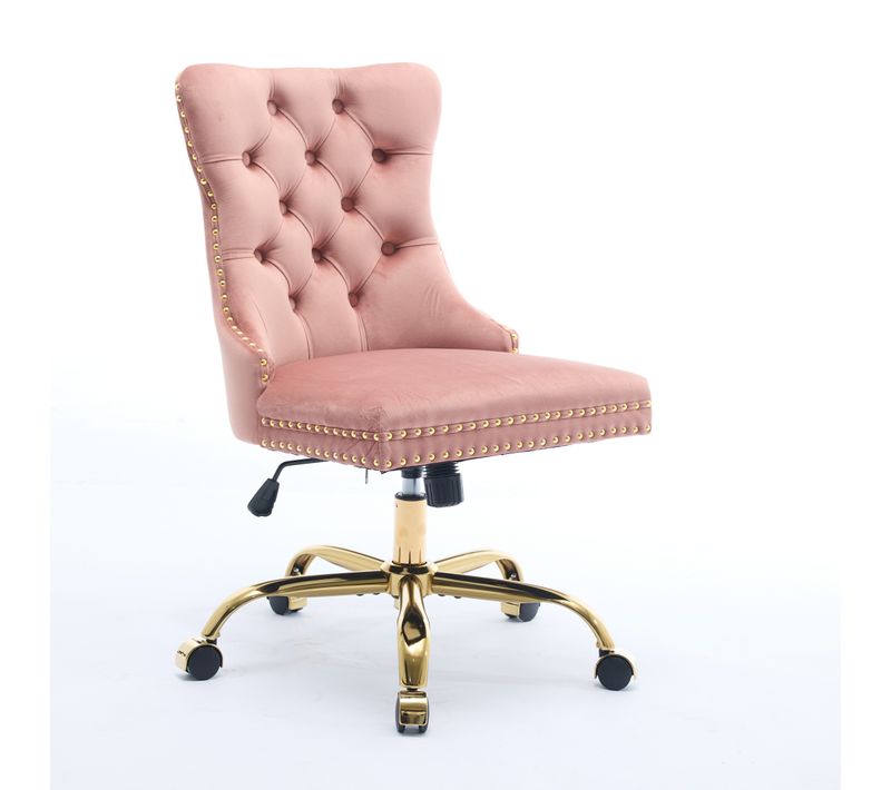 Chaise De Bureau Réglable Et Pivotante Velours Rose Avec Base Métal Doré