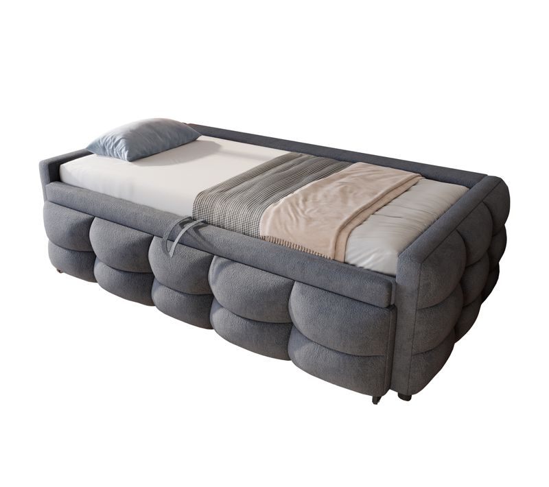 Lit Enfant Gigogne 90/180x190 Cm Extensible Tissu Teddy Gris Sommier à Lattes