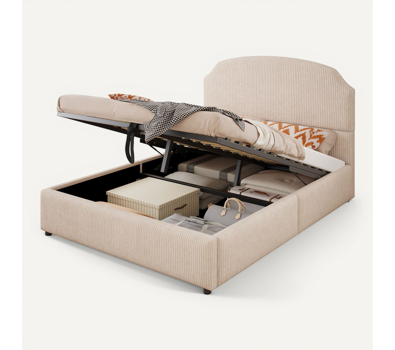 Lit Coffre Adulte 140x200 Cm Avec Rangements, Tissu Beige, Sommier à Lattes