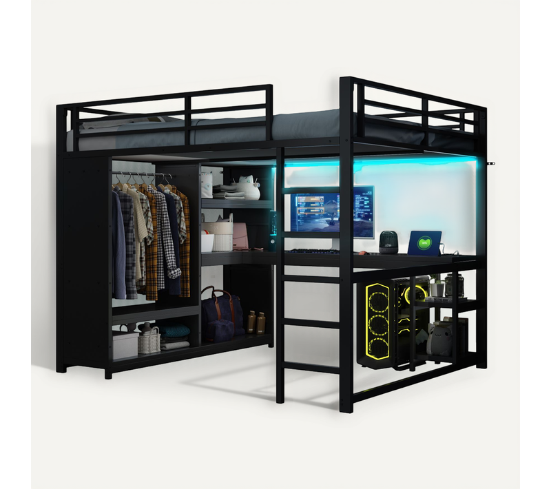 Lit Mezzanine Adulte 160x200 Cm LED Avec Bureau, Penderie, Rangements, Métal Noir