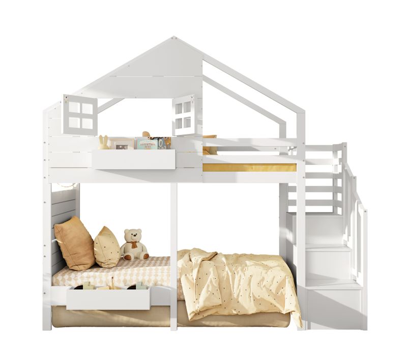 Lit Superposé 90x200 Cm Lit Cabane Enfant Bois Blanc Avec Étagère Et Rangements