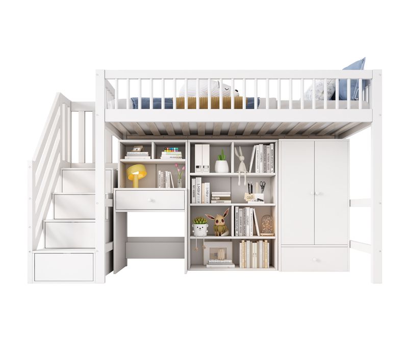 Lit Mezzanine Enfant 90x200 Cm Avec Bureau Intégré Et Rangements, Bois Blanc
