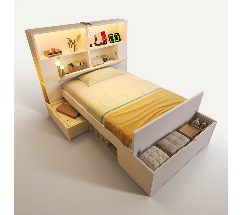 Lit Enfant 90x200 Cm Bois Blanc Avec LED, Ports USB/type-c, 2 Tiroirs Et Banc De Rangements