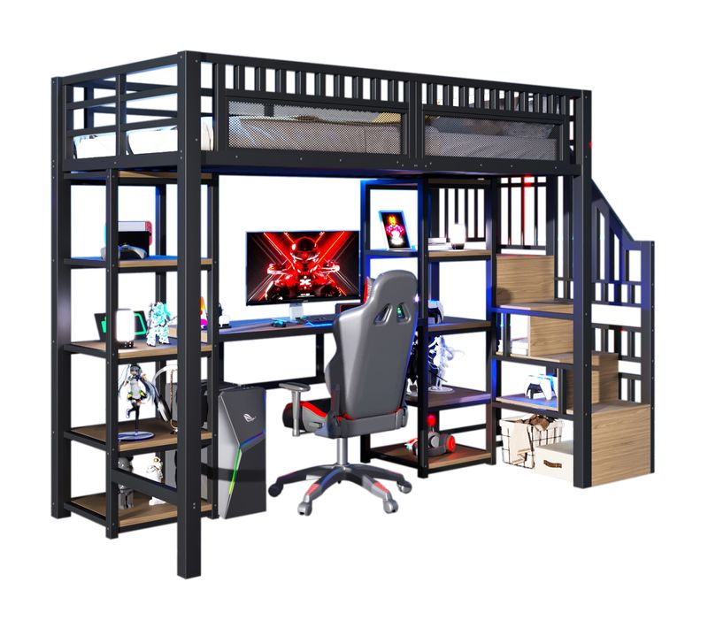 Lit Mezzanine Enfant 90x200 Cm Métal Noir Avec Bureau, LED Et Ports USB