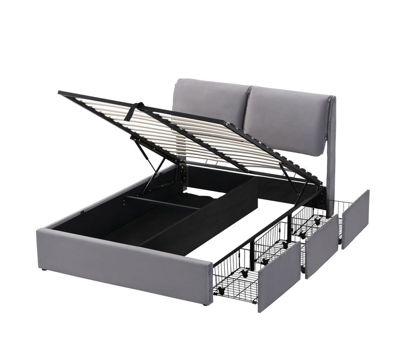 Lit Coffre 140x200 Cm 2 Places Avec 3 Tiroirs, Sommier à Lattes Et Tête De Lit, Velours Gris