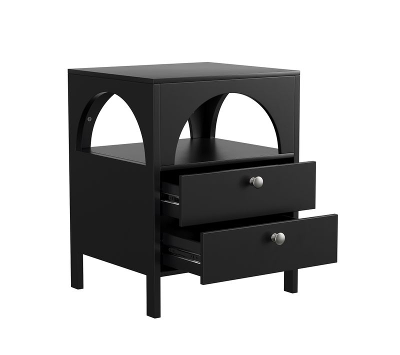 Table De Chevet Chambre Noire Avec 2 Tiroirs Et Niche, Rangement 45x40x58 Cm