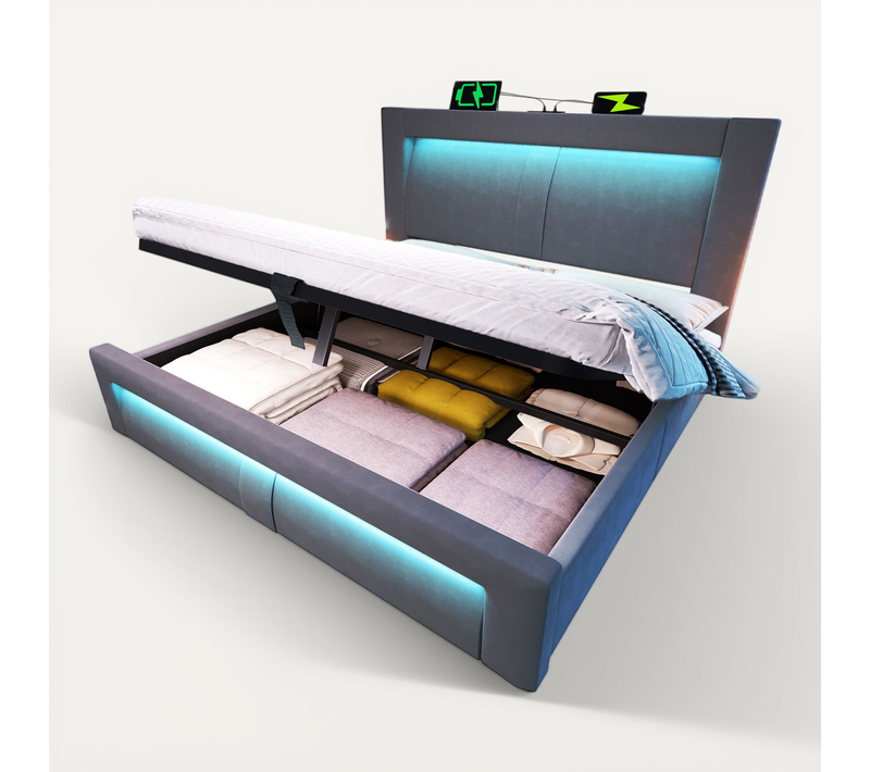 Lit Coffre 180x200 Cm Velours Gris Avec LED, Ports USB/type-c Et Sommier à Lattes