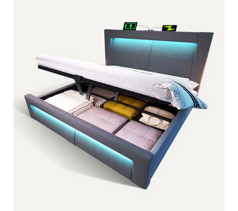 Lit 160x200 Cm 2 Places Avec Coffre Rangement, LED, Ports De Charge, Velours Gris