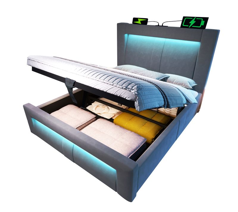 Lit Enfant Coffre 90x200 Cm Avec Rangements, LED, Ports USB/type-c, Velours Gris