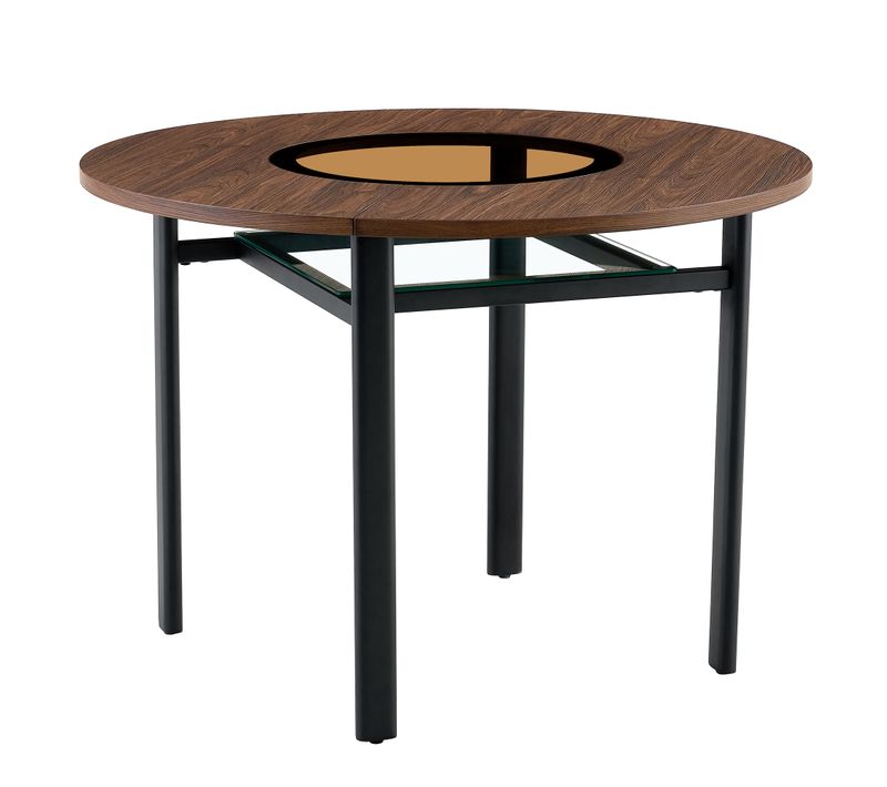 Table à Manger Ronde 100 Cm, Plateau Aspect Bois Brun, Pieds Métal Noir, Étagère En Verre