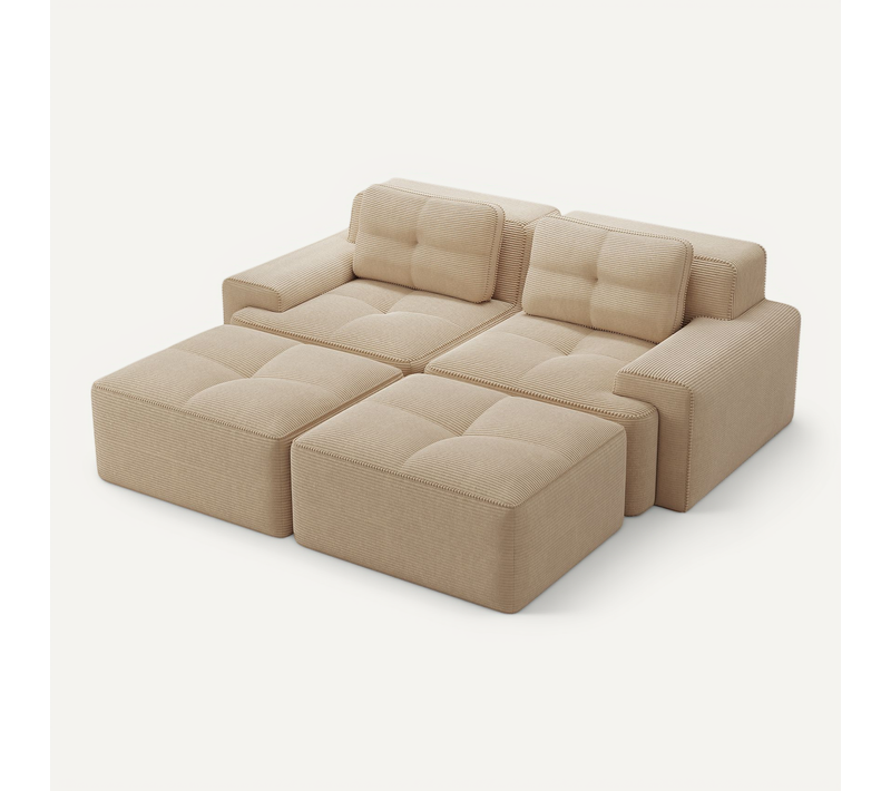 Canapé Modulable 204x177x69 Cm 2 Places Beige Avec 2 Poufs, Assise Profonde 74 Cm, Sans Montage