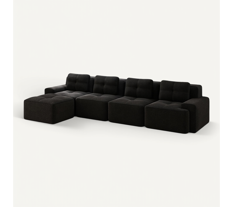 Canapé D’angle L Modulable 4 Places 382x177x69 Cm En Velours Côtelé Noir, Pouf, Assise Profonde