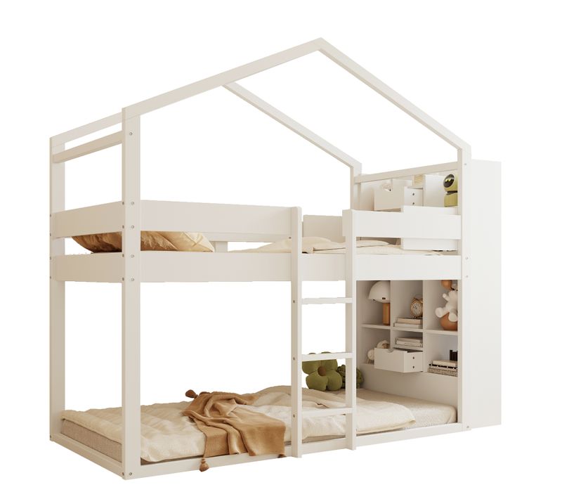 Lit Superposé Enfant 90x200 Cm Cabane Avec Rangements Et Sommier à Lattes, En Bois Blanc
