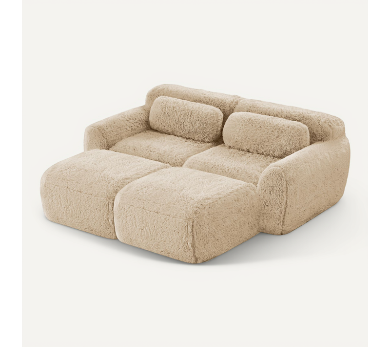Canapé Compressé  Modulable 2 Places Avec 2 Ottomans Repose-pieds En Tissu Peluche Kaki Clair