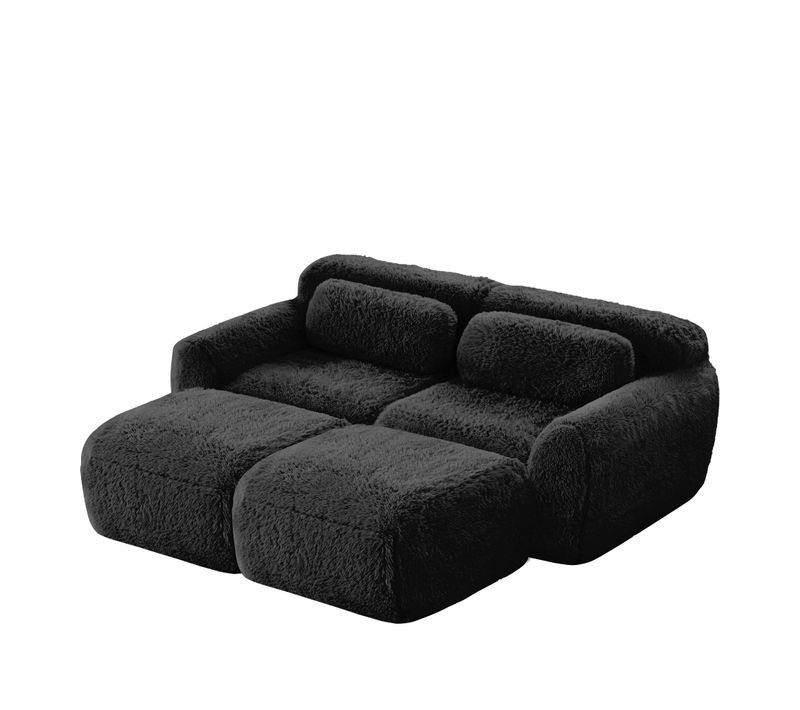 Canapé Compressé Modulable 2 Places Avec 2 Ottomans Repose-pieds En Tissu Peluche Noir