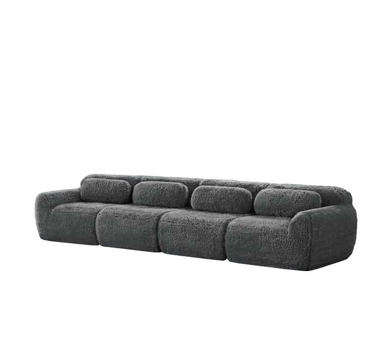 Canapé Compressé Modulable 4 Places En Tissu Peluche Gris