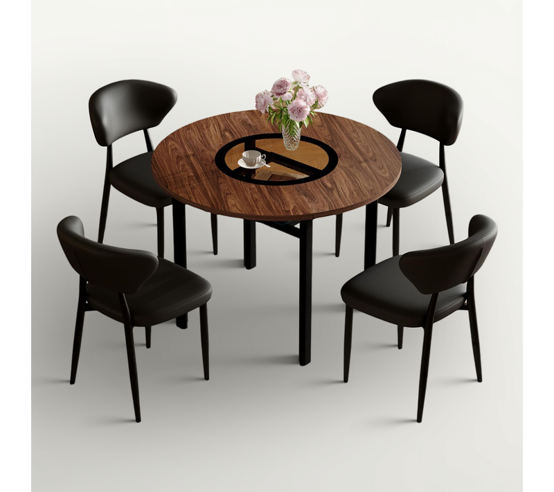 Ensemble Table Ronde 100 Cm Bois Marron Avec 4 Chaises Pu Noir, Salon Et Salle à Manger
