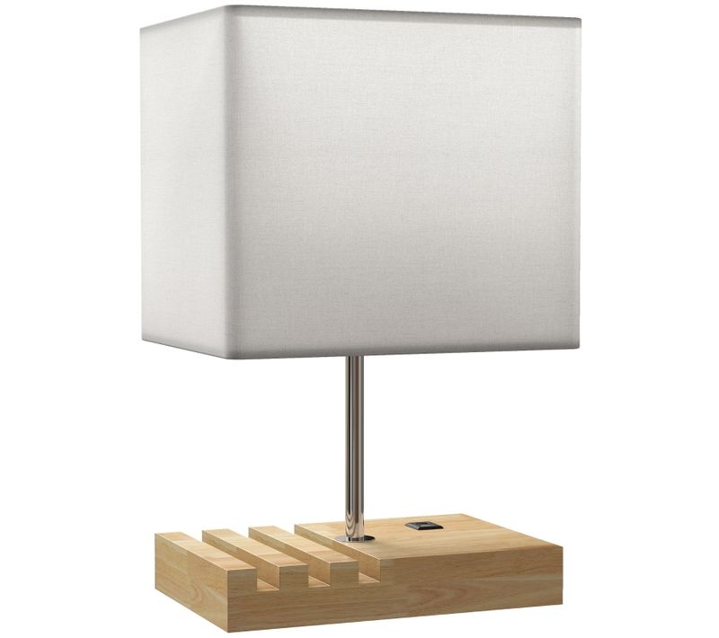 Lampe à Poser 25 X 20 X 40,5 Cm Avec Ports USB-a/type-c, Abat-jour Tissu Blanc, Base En Bois