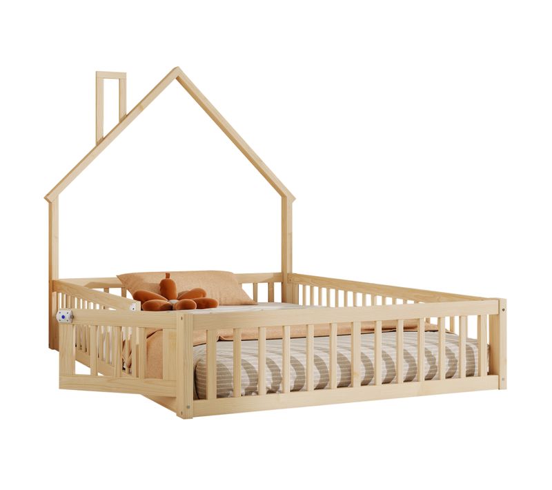Lit Cabane Enfant 140x190 Cm En Pin Naturel Avec Sommier à Lattes, Lit Bas Au Sol