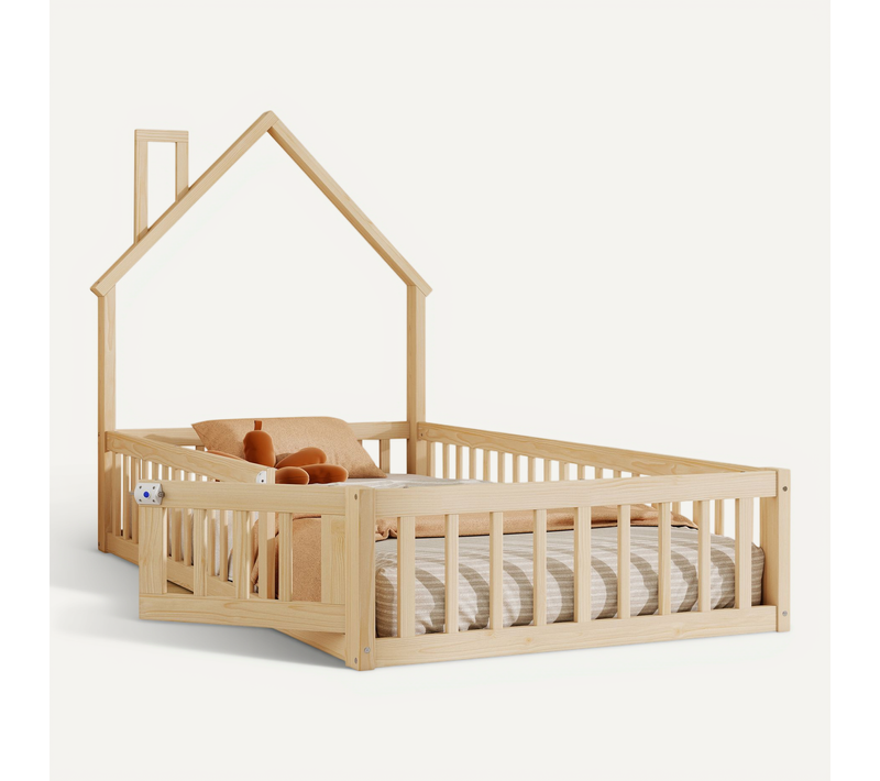 Lit Cabane Enfant 90x200 Cm Bois De Pin Naturel Avec Sommier à Lattes, Lit Au Sol