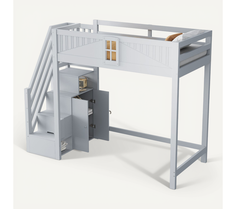 Lit Mezzanine Enfant 90x200 Cm Bois De Pin Gris Avec Armoire, Rangements Et Escalier Réversible