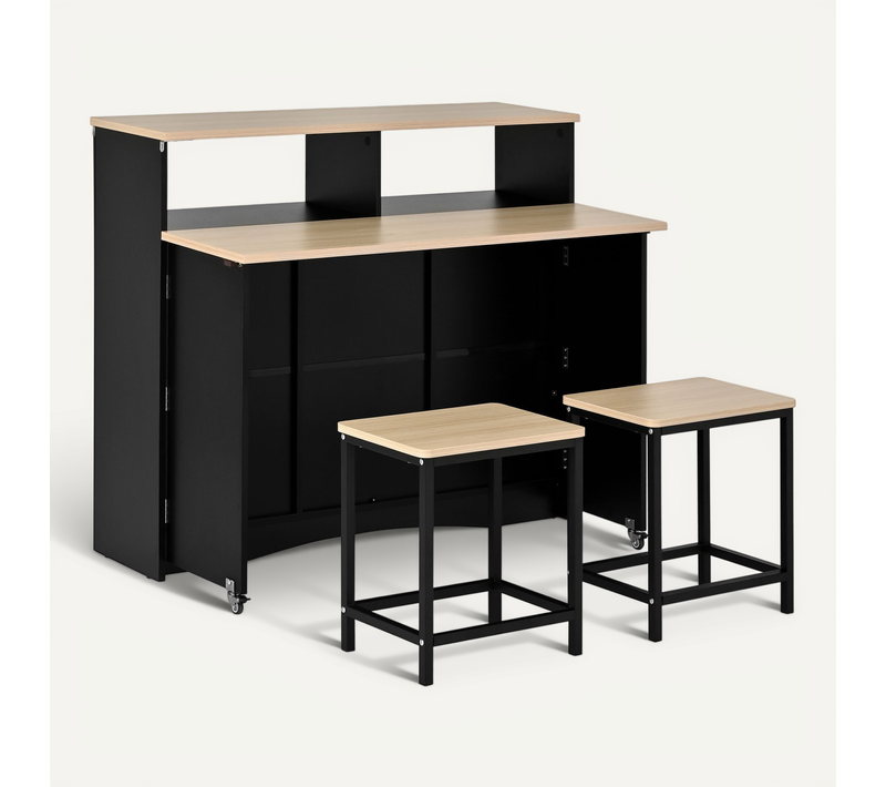 Meuble De Bar, Îlot Sur Roulettes Avec Plateau Rabattable 110x34 Cm Et 2 Tabourets, Noir