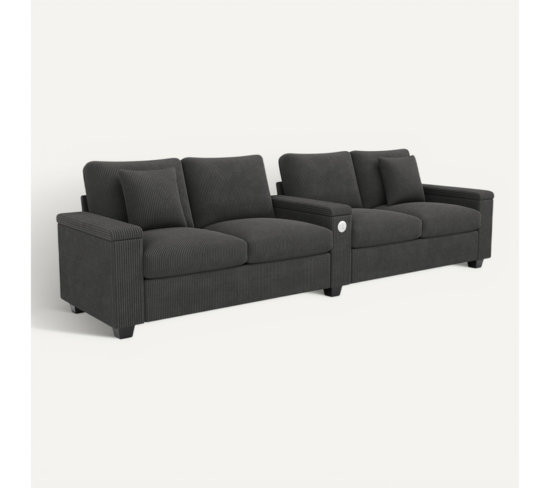 Canapé 4 Places 299x80 Cm En Velours Côtelé Gris Avec Ports USB/type-c Et Rangements