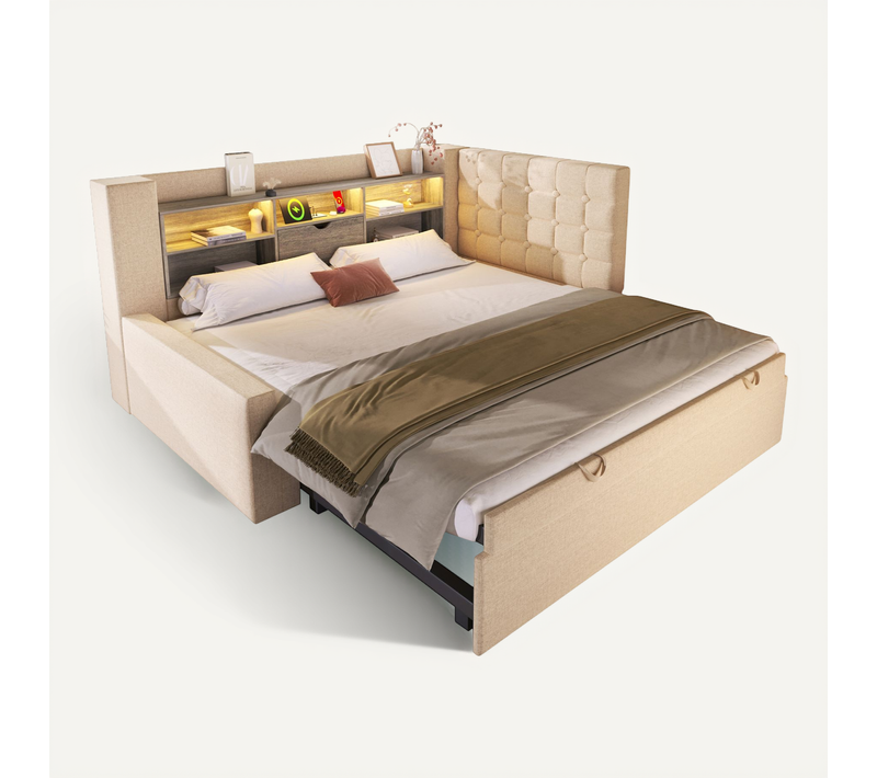 Lit Enfant Gigogne 90x190/200 Cm Extensible 180x200 Cm Avec LED, Ports USB/type-c, Lin Beige