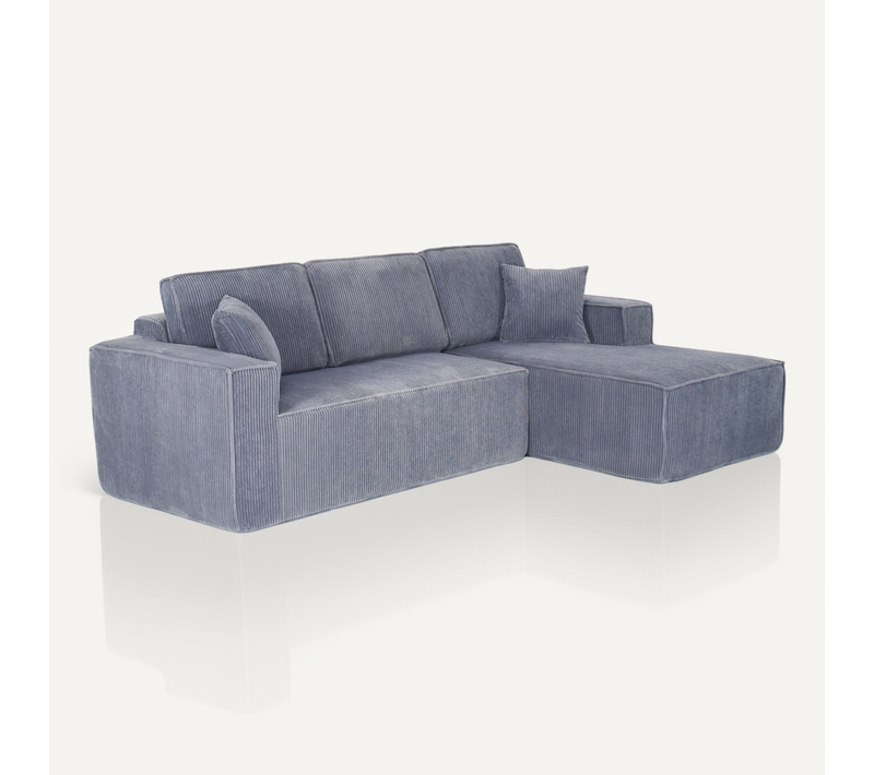 Canapé D'angle 3 Places 235x128 Cm Avec Méridienne Et 2 Coussins, Velours Côtelé Gris