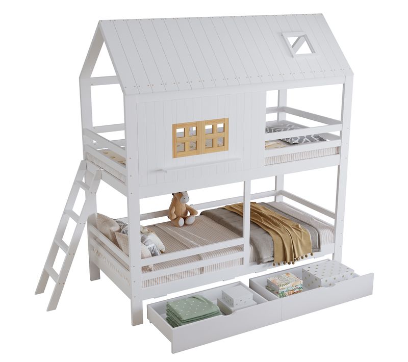 Lit Superposé Enfant 90x200 Cm Cabane Avec 2 Tiroirs, Bois Blanc Et Naturel, Sommier à Lattes